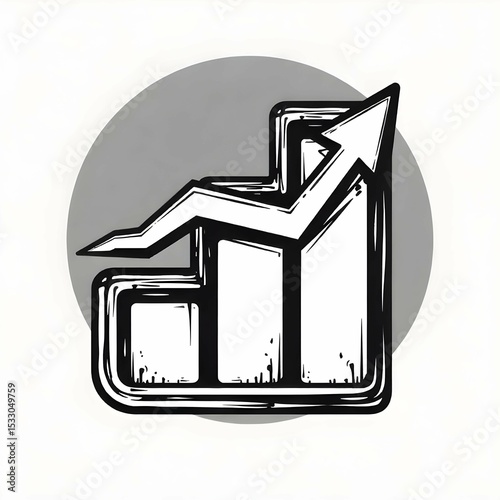Single vector icon in black and white of a bar chart with an arrow trending upward, clean minimal line art, no background
