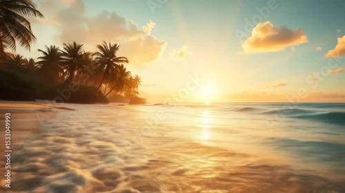 Serene Tropical Paradise: A Golden Sunrise on a Tranquil Beach with Palm Trees
