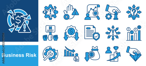 Business risk icon set with marketing, floods, inadequate profits, raw materials, strikes, prices and loss of assets