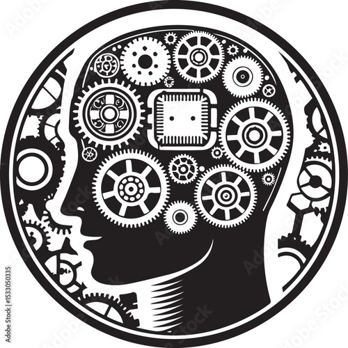 Metallic button featuring a vector illustration of gears and cogs, symbolizing time, technology, and engineering within a mechanical design concept