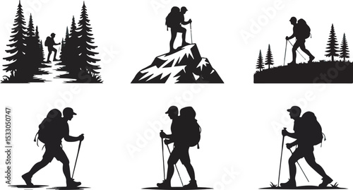 Six Black Silhouettes Hikers Backpacks Mountains Trees 1