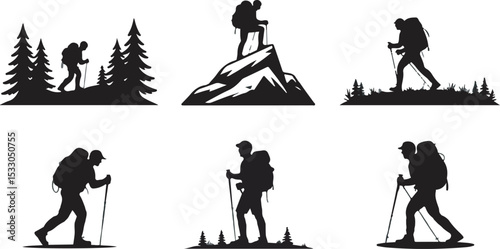 Six Black Silhouettes Hikers Backpacks Mountains Trees 3