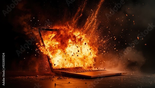 High-speed photograph of a laptop exploding in flames and debris, captured mid-blast with dramatic fire and smoke against a dark background photo