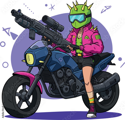Futuristic cyberpunk girl on motorcycle holding sniper rifle with neon colors vector illustration 
