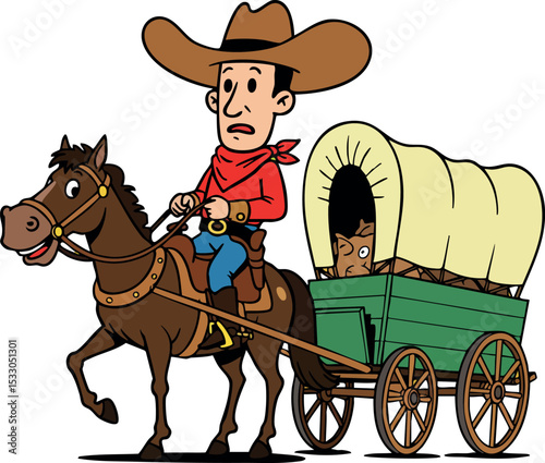 Cowboy riding horse pulling covered wagon in western style vector illustration 