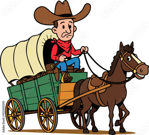 Cowboy driving covered wagon horse carriage western countryside travel vector illustration 