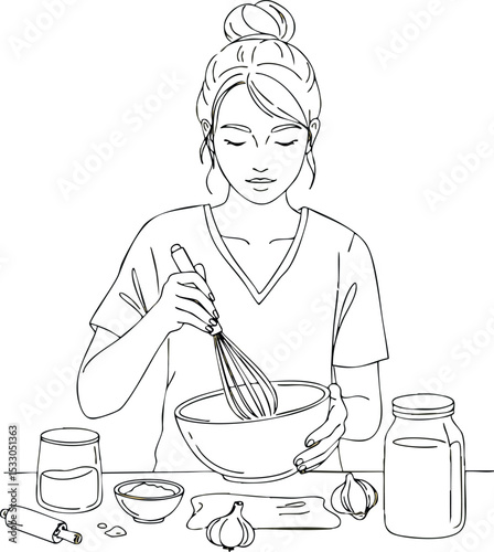 Woman whisking ingredients in kitchen preparing food recipe vector illustration 