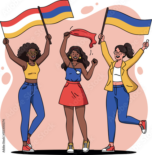 Diverse young women celebrating with waving flags and joyful expressions in casual clothes vector illustration 