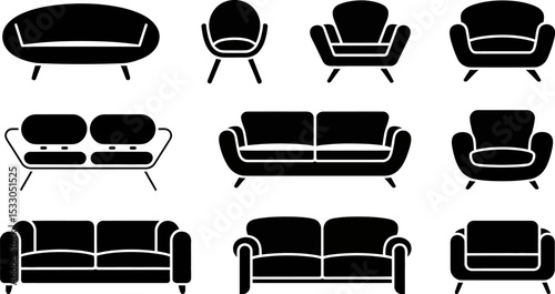 Collection of various black and white sofa and chair icons arranged on a white background
