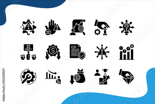 Business risk icon set with marketing, floods, inadequate profits, raw materials, strikes, prices and loss of assets
