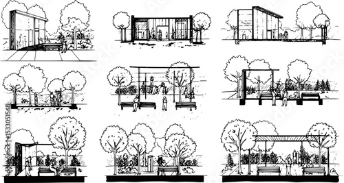set of forest line cad, minimal isolated on white background. Ground cover. Illustration for elevation architectural element, side view, grass section. Turf coating banners for edging