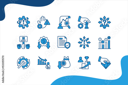 Business risk icon set with marketing, floods, inadequate profits, raw materials, strikes, prices and loss of assets