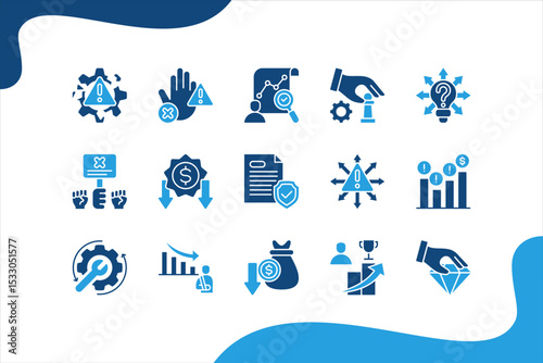 Business risk icon set with marketing, floods, inadequate profits, raw materials, strikes, prices and loss of assets