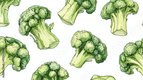 Detailed Hand Drawn Broccoli Seamless Pattern Vector Illustration