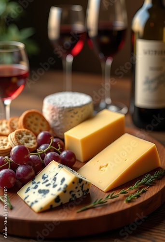 elegant sliced cheese platter varied wine selections gourmet appetizer board cheddar brie blue cheese accompaniments grapes cracker, crackers, charcuterie, flavors