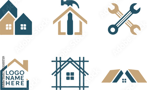 Six House Logo Designs Blue Gold Home Repair Construction