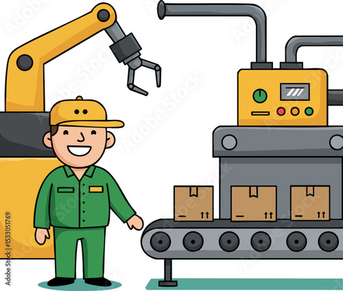 Factory worker operating robotic arm and conveyor belt with packages vector illustration 