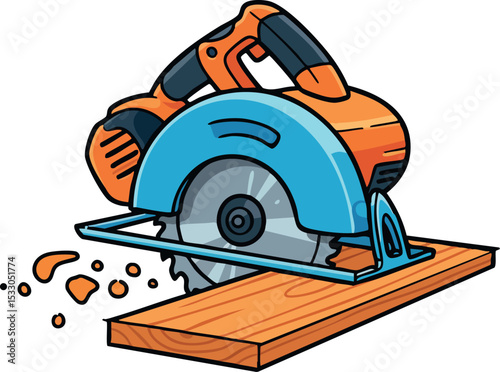 Circular saw cutting wooden plank with orange and blue colors vector illustration 