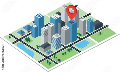 Isometric city map with location pin on urban buildings and streets vector illustration 