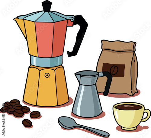 Coffee maker with cup beans bag and spoon vector illustration in simple style 