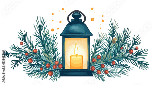 Glowing Lantern and Evergreen Branches Illuminated Decor