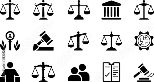 Collection of law and justice related icons including scales gavel and building illustrations