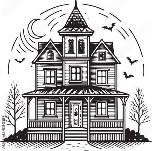 Haunted House on Halloween Vector Illustration, Sketch Drawing Line Linear Symbol Icon Engraving Coloring Book, Hand-drawn Black and White Isolated