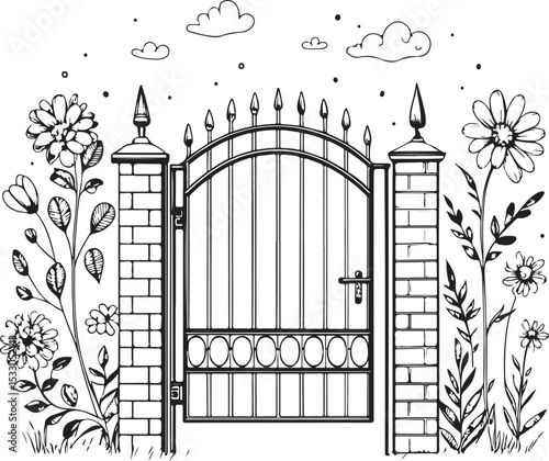 Gate into Garden with Flowers Vector Illustration, Sketch Drawing Line Linear Symbol Icon Engraving Coloring Book, Hand-drawn Black and White Isolated