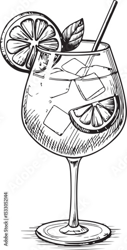 Sangria cocktail Vector Illustration, Sketch Drawing Line Linear Symbol Icon Engraving Coloring Book, Hand-drawn Black and White Isolated