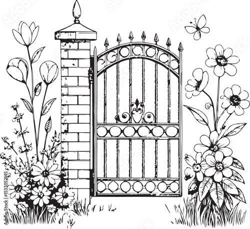 Gate into Garden with Flowers Vector Illustration, Sketch Drawing Line Linear Symbol Icon Engraving Coloring Book, Hand-drawn Black and White Isolated