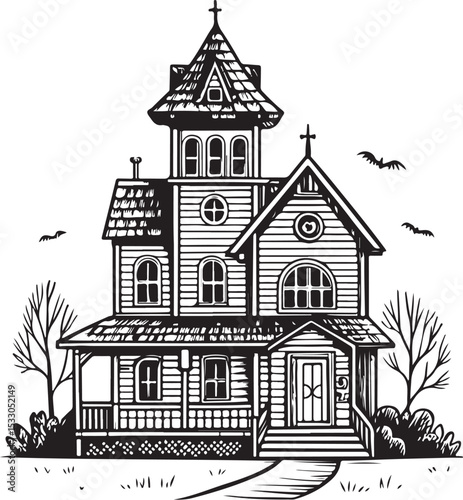 Haunted House on Halloween Vector Illustration, Sketch Drawing Line Linear Symbol Icon Engraving Coloring Book, Hand-drawn Black and White Isolated