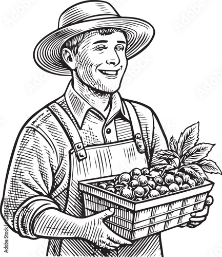 Farmer with harvest or crops Vector Illustration, Sketch Drawing Line Linear Symbol Icon Engraving Coloring Book, Hand-drawn Black and White Isolated