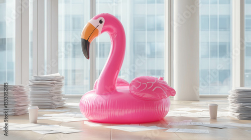 A pink inflatable flamingo standing in the middle of a modern office floor. Vacation and weekend concept.