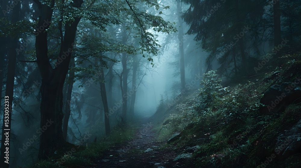 Fototapeta premium Misty trail winding through an ancient, shadowy forest hidden beneath a thick blanket of fog