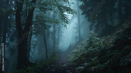 Misty trail winding through an ancient, shadowy forest hidden beneath a thick blanket of fog