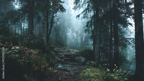 Misty trail winding through an ancient, shadowy forest hidden beneath a thick blanket of fog