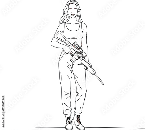 Woman holding large rifle standing in casual clothes vector illustration 