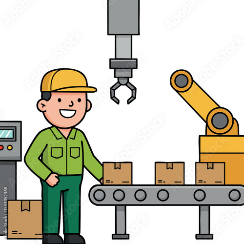 Factory worker operating robotic arm and conveyor belt with cardboard boxes vector illustration 