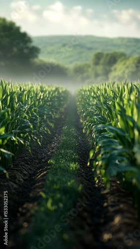 Vibrant cornfields stretch toward misty forest hills under soft morning light. The tilt-shift effect enhances the dreamy, peaceful beauty of this lush agricultural landscape.