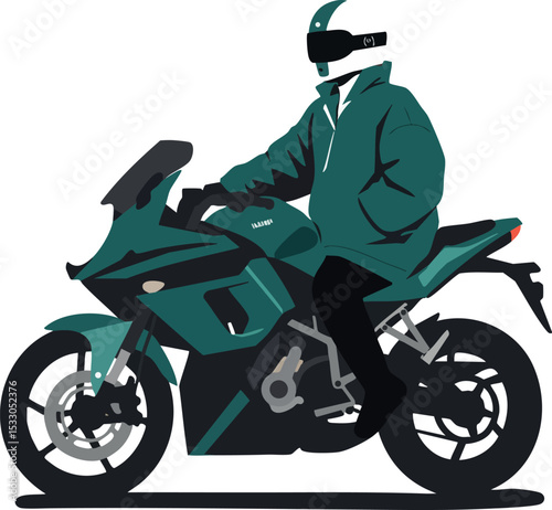 Motorcyclist riding sport motorcycle in teal gear and helmet vector illustration 
