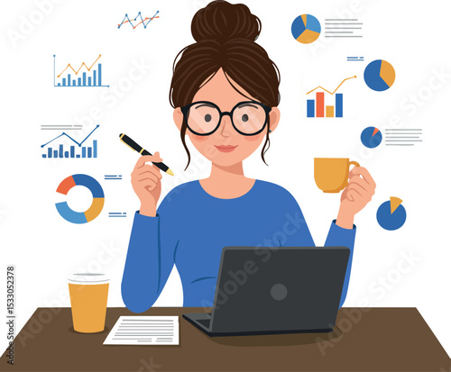 Woman working on laptop with analytics charts and coffee cup at desk vector illustration 