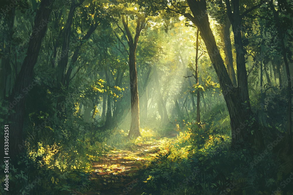 Fototapeta premium Peaceful green forest with sunlight filtering through tall trees in a natural setting