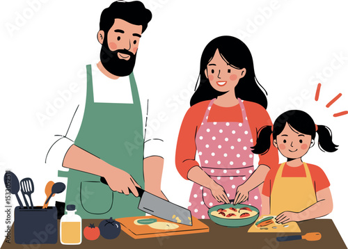 Family cooking together in kitchen preparing food with chopping and mixing activities vector illustration 