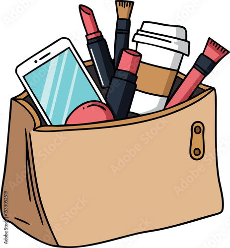 Makeup bag with brushes lipstick coffee cup and smartphone vector illustration 