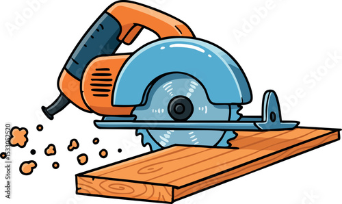 Circular saw cutting wooden plank with orange and blue colors vector illustration 
