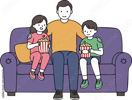 Father with kids eating popcorn on purple sofa enjoying movie night at home vector illustration 