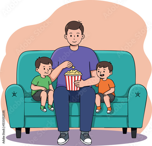 Father and two sons sitting on couch eating popcorn together vector illustration 
