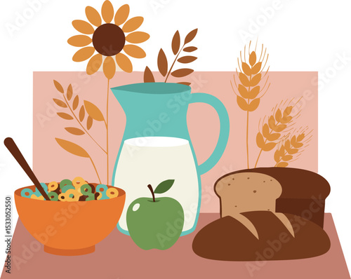 Healthy breakfast with cereal milk apple bread and sunflower decorative elements vector illustration 