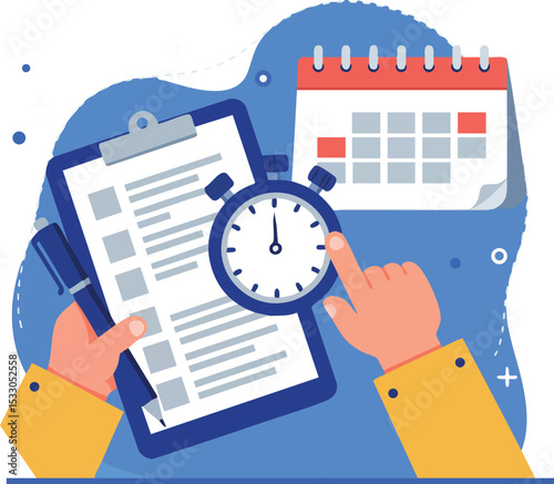 Time management concept with clipboard checklist calendar and stopwatch vector illustration 