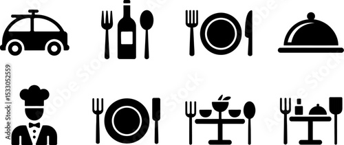 A collection of black restaurant related icons including a car, chef, and dining settings